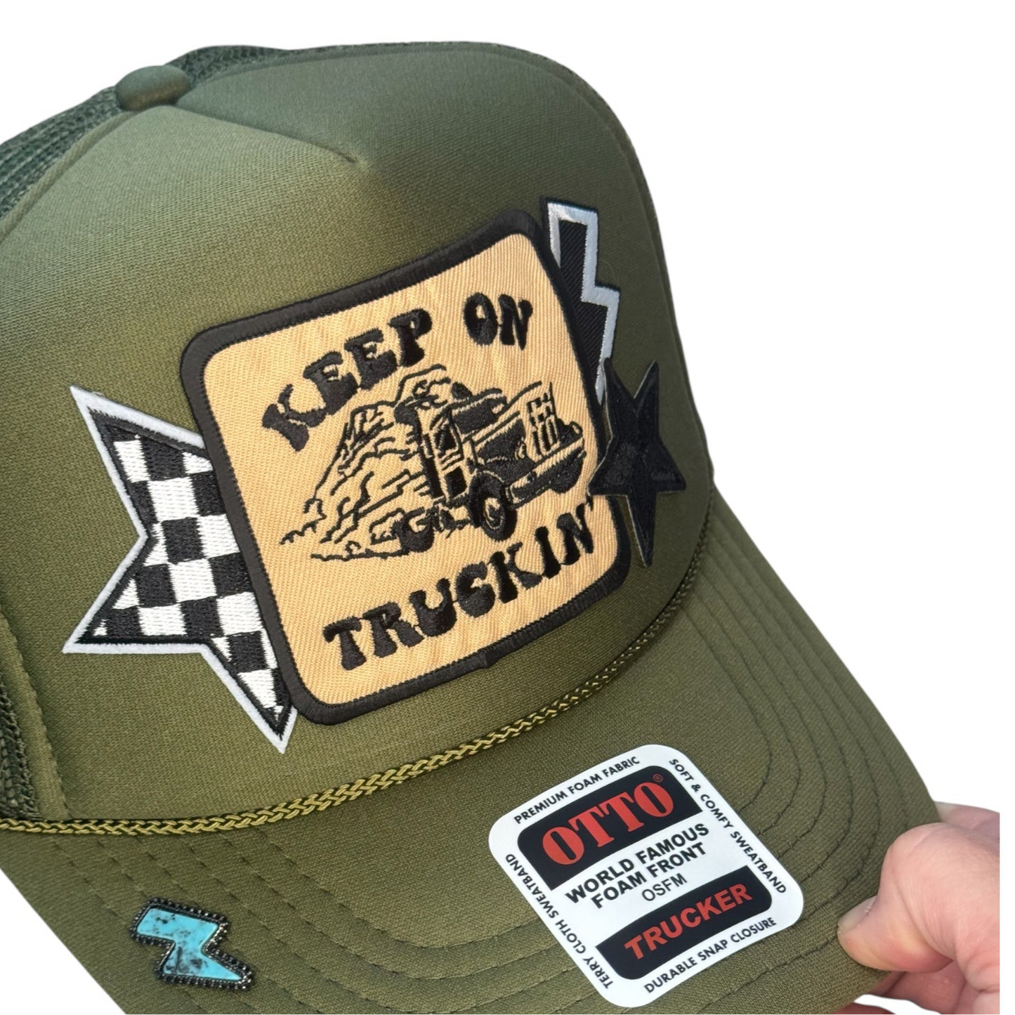 Keep on truckin olive green patch hat