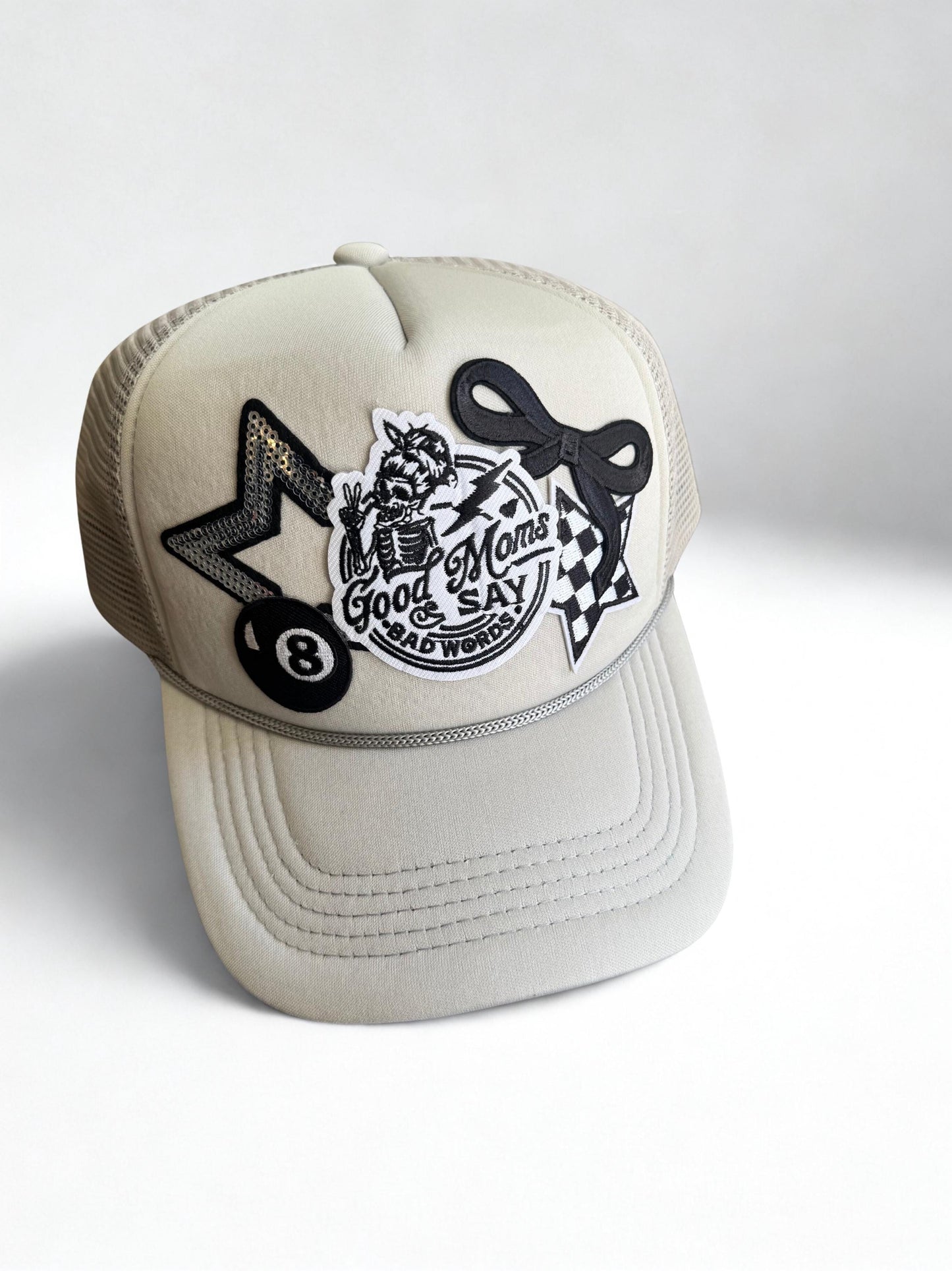 Good moms say bad words grey patch trucker hat