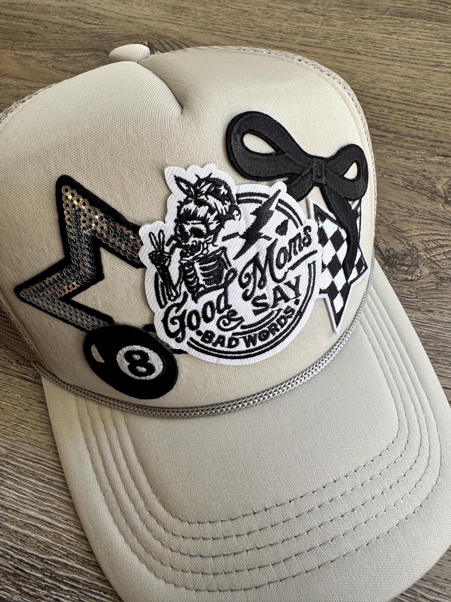 Good moms say bad words grey patch trucker hat