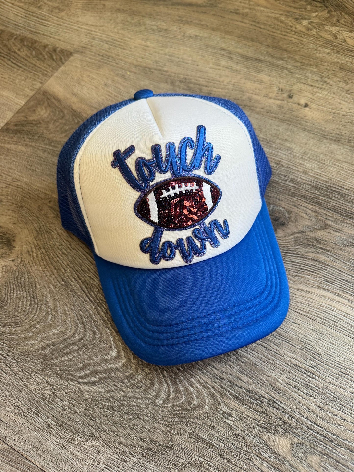 Football touch down sequin blue and white trucker patch hat