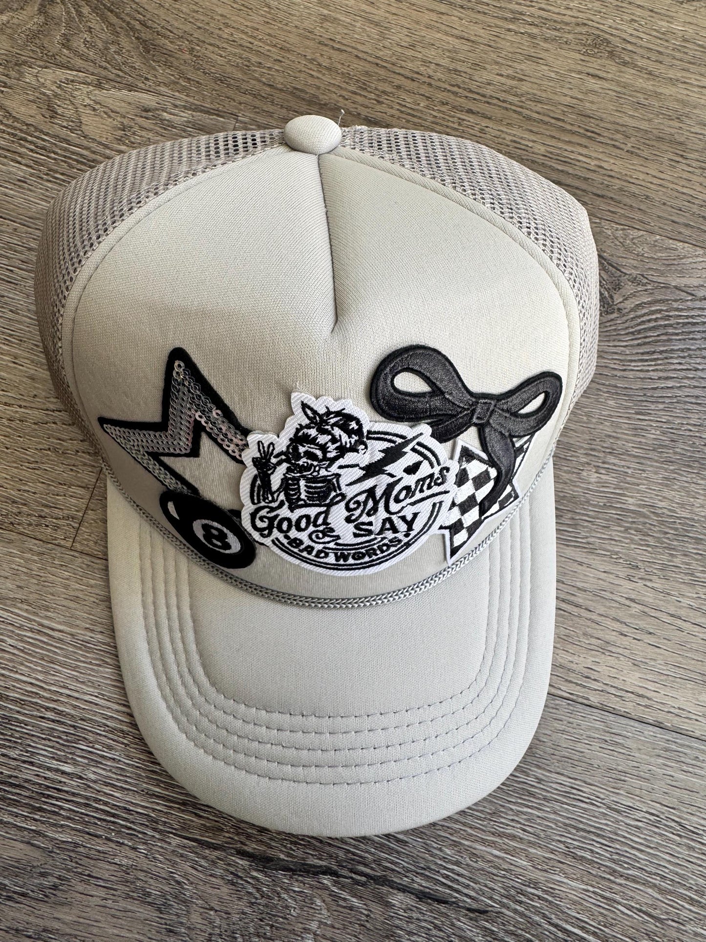 Good moms say bad words grey patch trucker hat