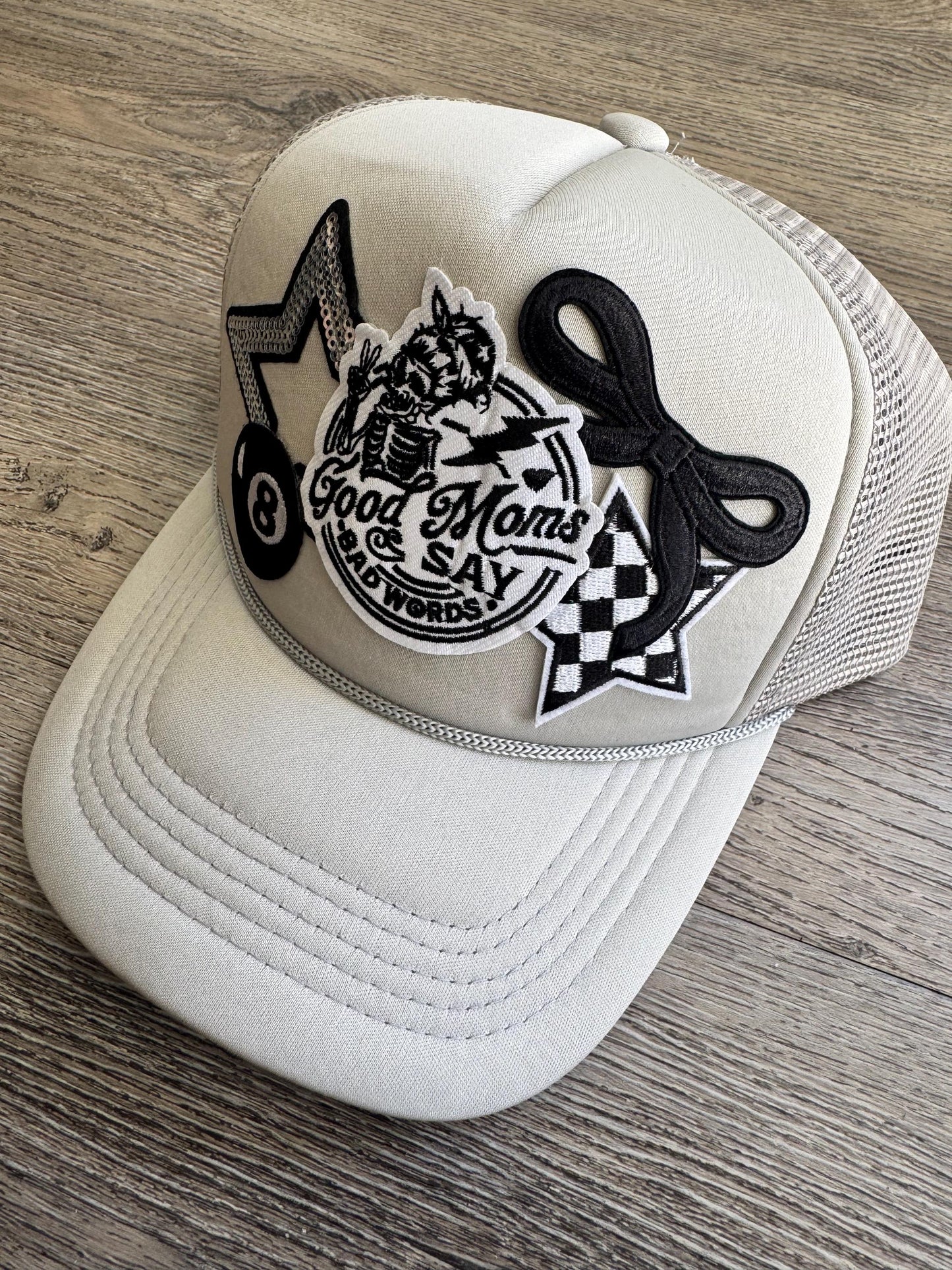 Good moms say bad words grey patch trucker hat