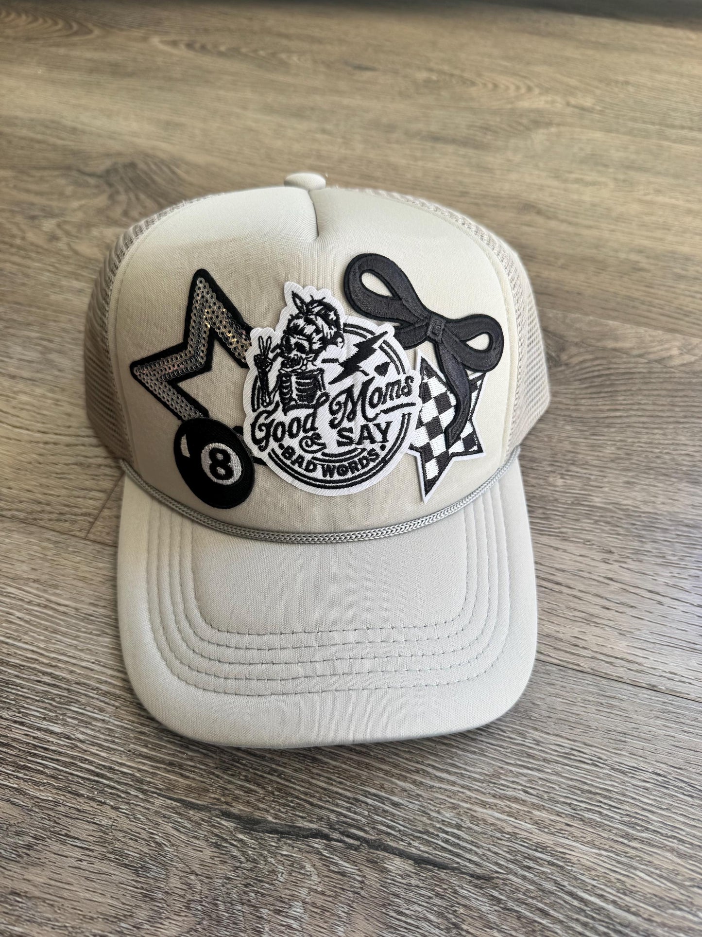Good moms say bad words grey patch trucker hat