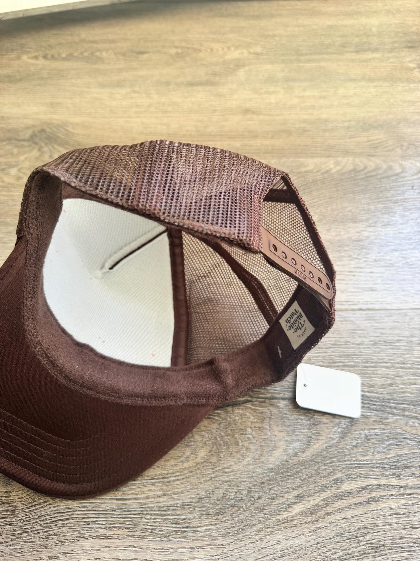 Camo deer head brown trucker patch hat with stay wild side patch