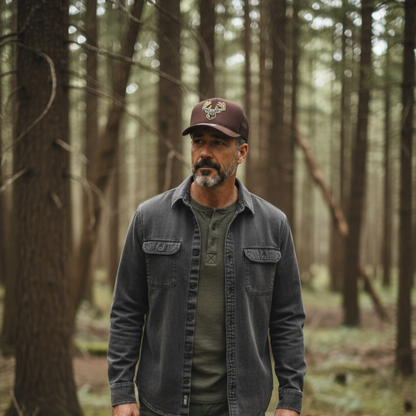 Man standing in a forest wearing a dark jacket and cap.