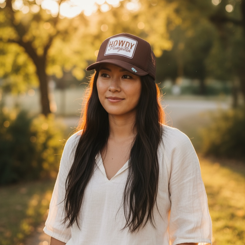 Woman wearing a western cap in a park with trees and sunlight
