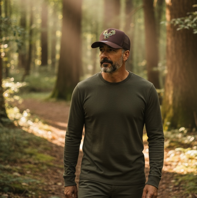 Man walking through a forest wearing a cap and green long-sleeve shirt.