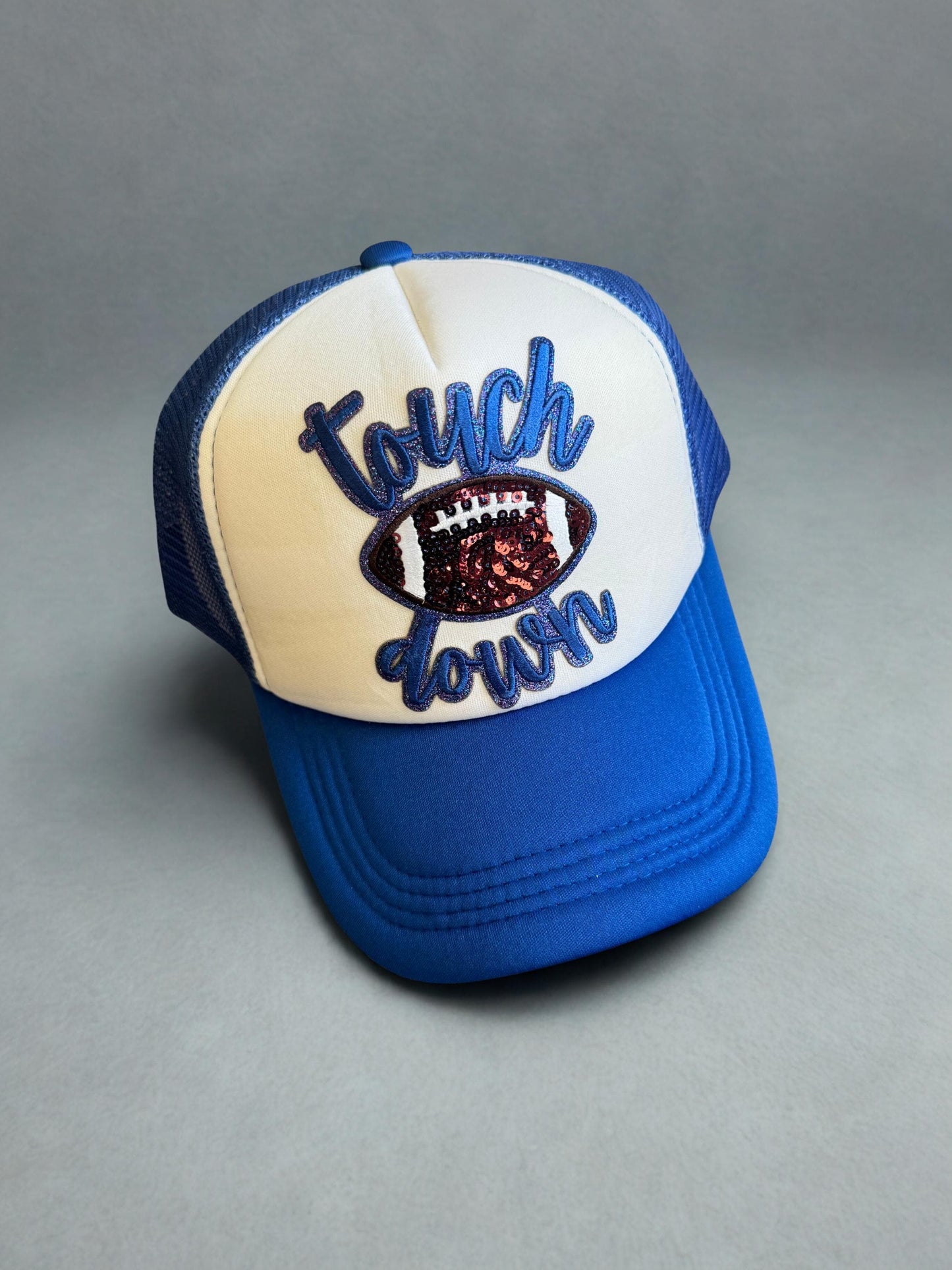 Football touch down sequin blue and white trucker patch hat