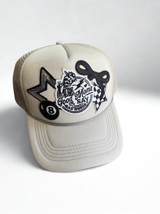 Good moms say bad words grey patch trucker hat