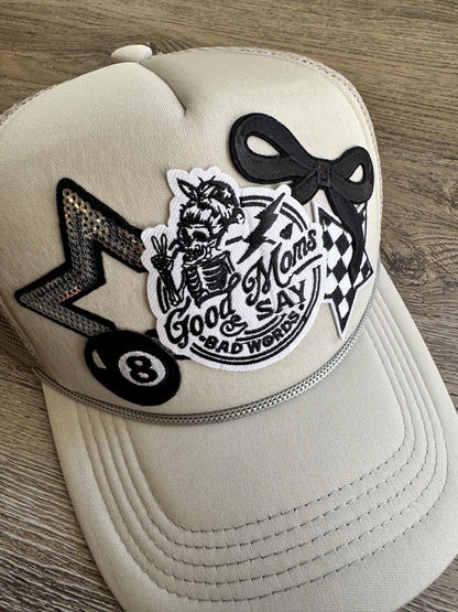 Good moms say bad words grey patch trucker hat
