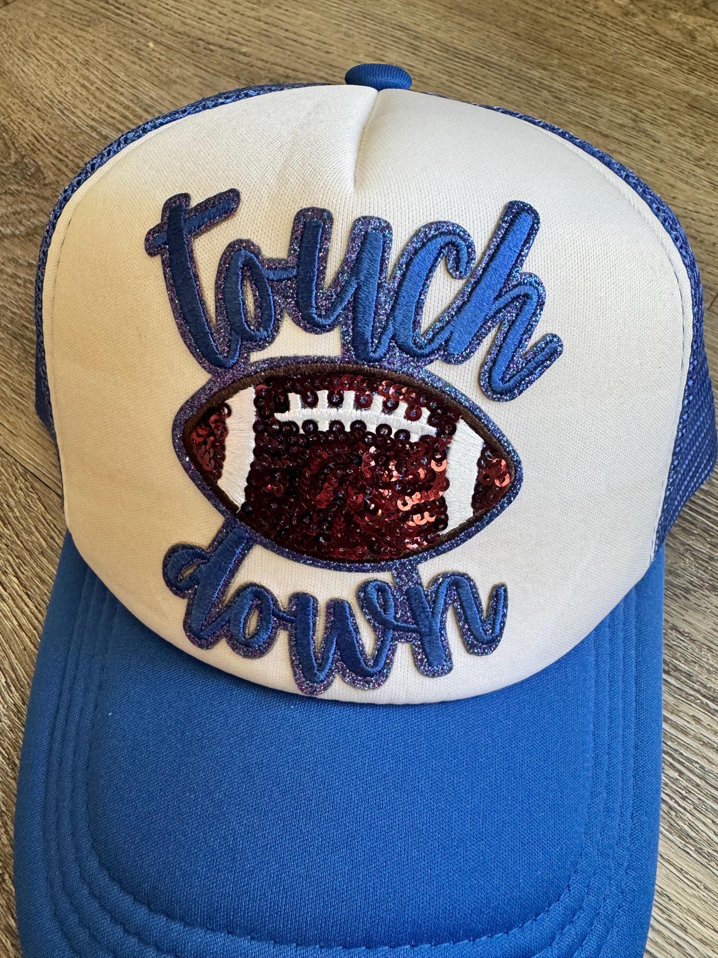Football touch down sequin blue and white trucker patch hat