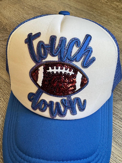 Football touch down sequin blue and white trucker patch hat