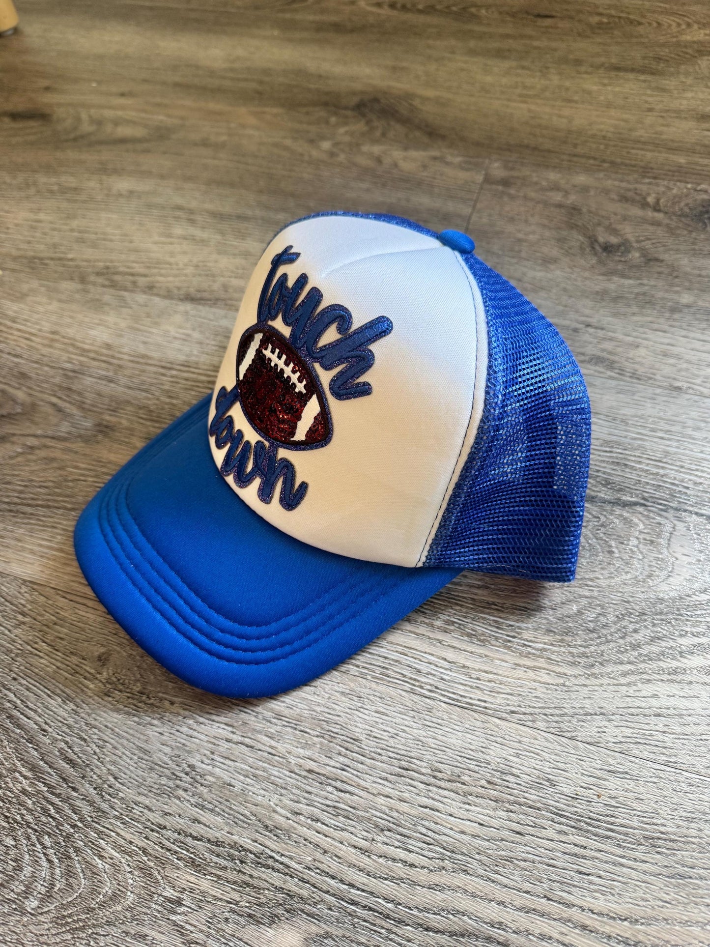 Football touch down sequin blue and white trucker patch hat
