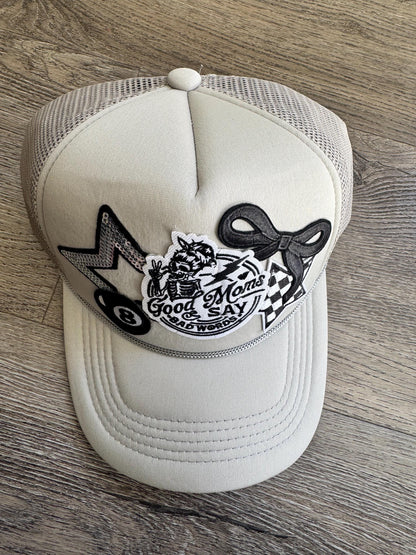 Good moms say bad words grey patch trucker hat