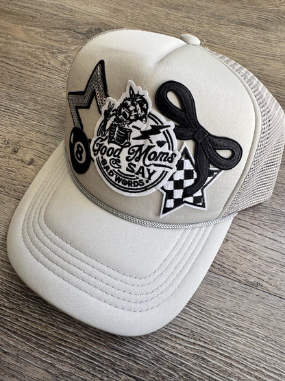 Good moms say bad words grey patch trucker hat