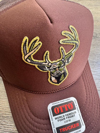 Camo deer head brown trucker patch hat with stay wild side patch