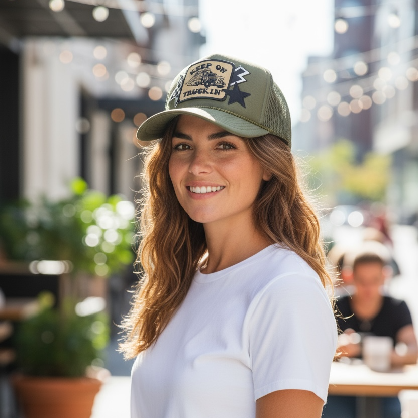 Woman wearing a cap and white t-shirt in an outdoor setting by the blonde patch