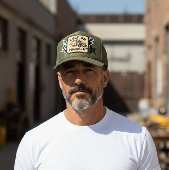 Man wearing a white t-shirt and green cap in an urban setting